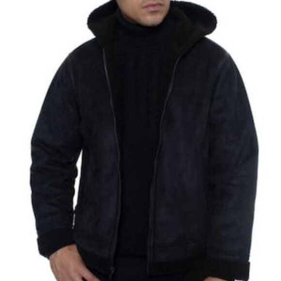 Sean John Mens Faux Shearling Hooded Bomber Jacket, 3XL/Black